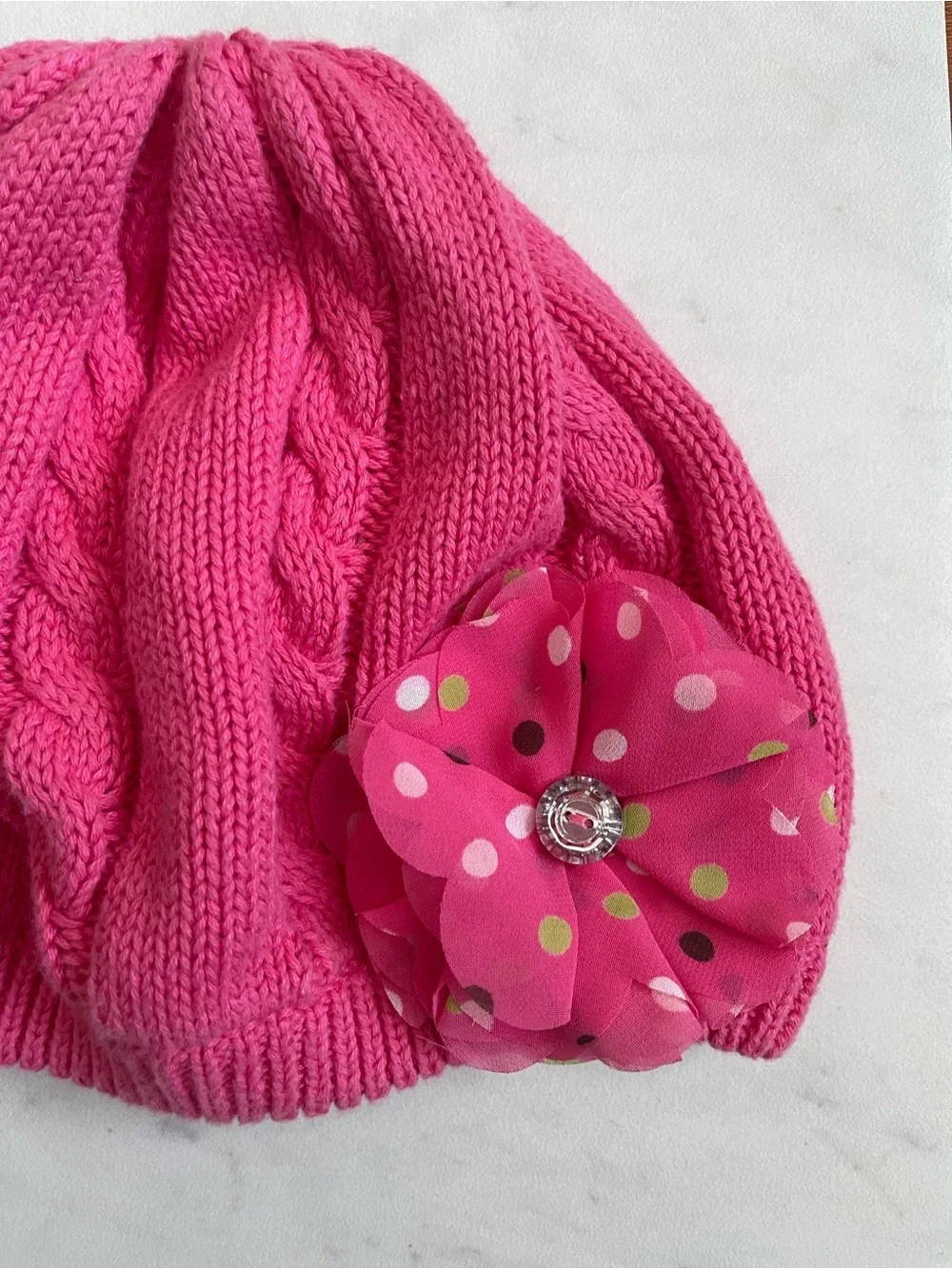 Gymboree Bright Pink Knit Beanie with Polka Dot Flower